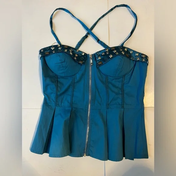 NWT Lydia Blue Bustier Corset Ribbed Peplum Jewel Embellished Top SzS - Picture 9 of 9